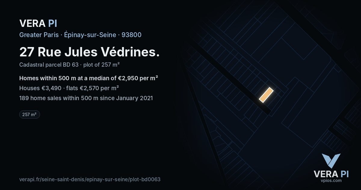 27 Rue Jules Védrines, Épinay-sur-Seine at night – the plot lit, the parcels around coloured by the prices near them