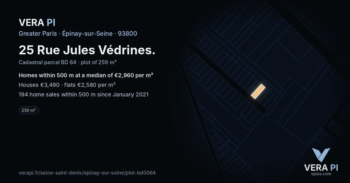 25 Rue Jules Védrines, Épinay-sur-Seine at night – the plot lit, the parcels around coloured by the prices near them
