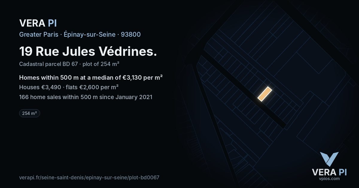 19 Rue Jules Védrines, Épinay-sur-Seine at night – the plot lit, the parcels around coloured by the prices near them