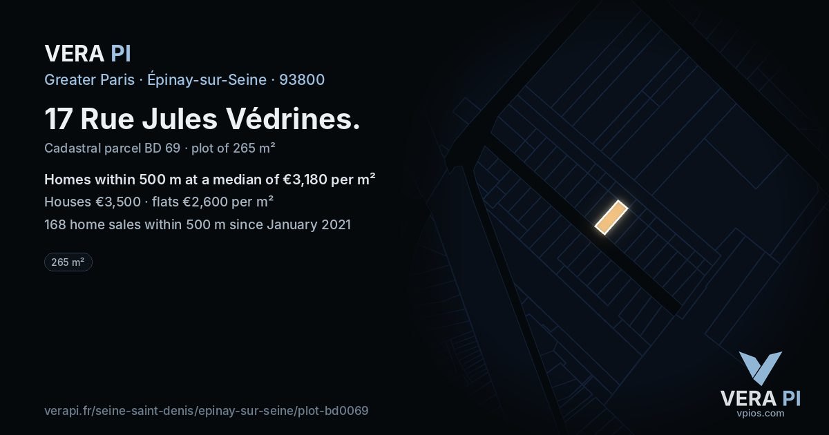 17 Rue Jules Védrines, Épinay-sur-Seine at night – the plot lit, the parcels around coloured by the prices near them