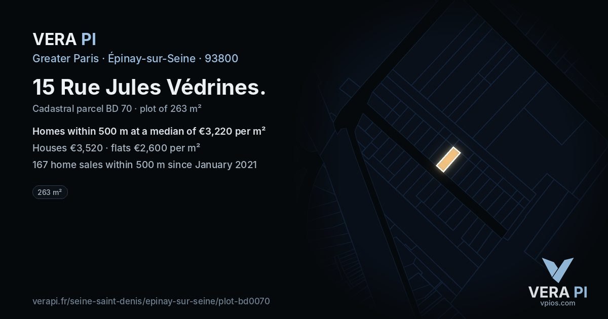 15 Rue Jules Védrines, Épinay-sur-Seine at night – the plot lit, the parcels around coloured by the prices near them