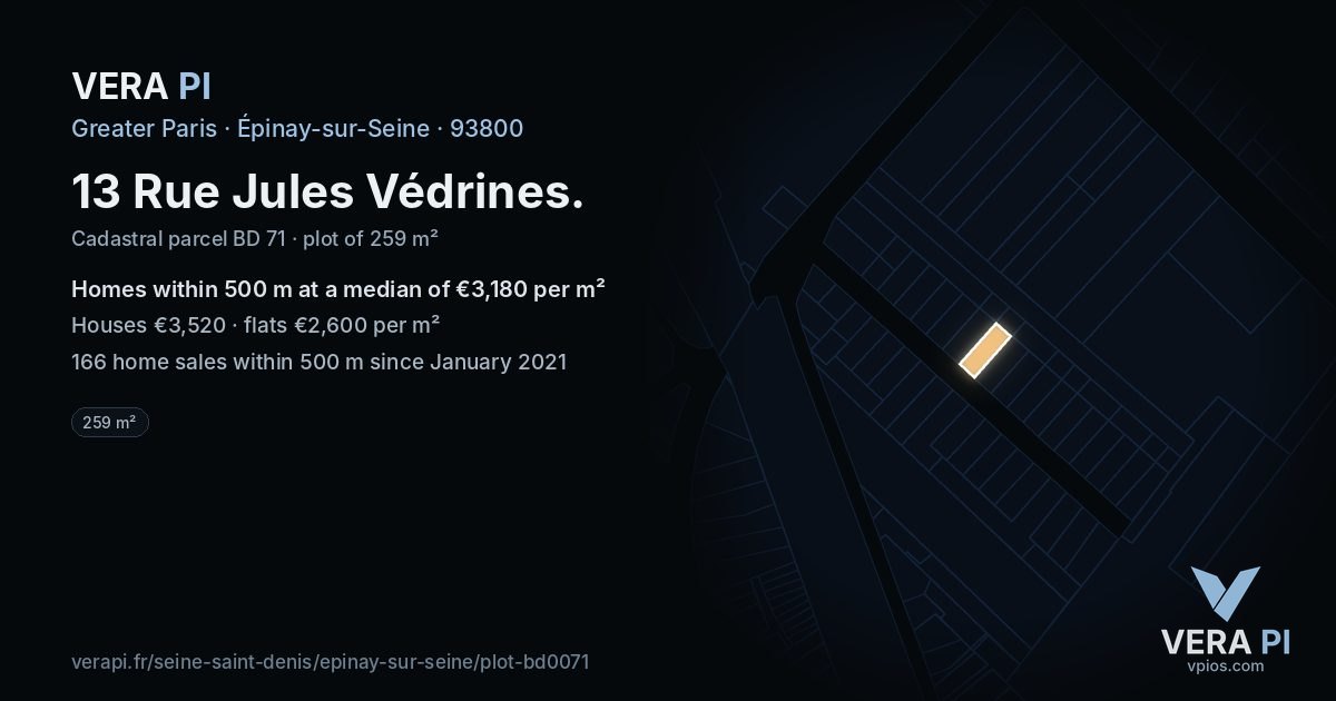 13 Rue Jules Védrines, Épinay-sur-Seine at night – the plot lit, the parcels around coloured by the prices near them