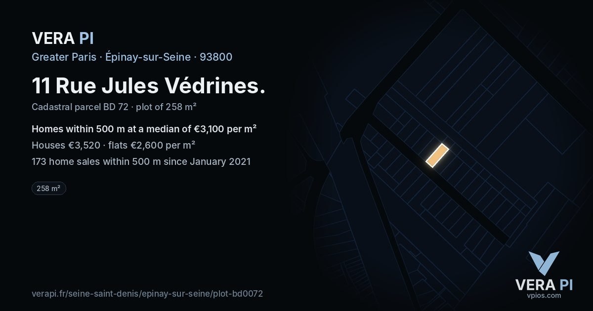 11 Rue Jules Védrines, Épinay-sur-Seine at night – the plot lit, the parcels around coloured by the prices near them