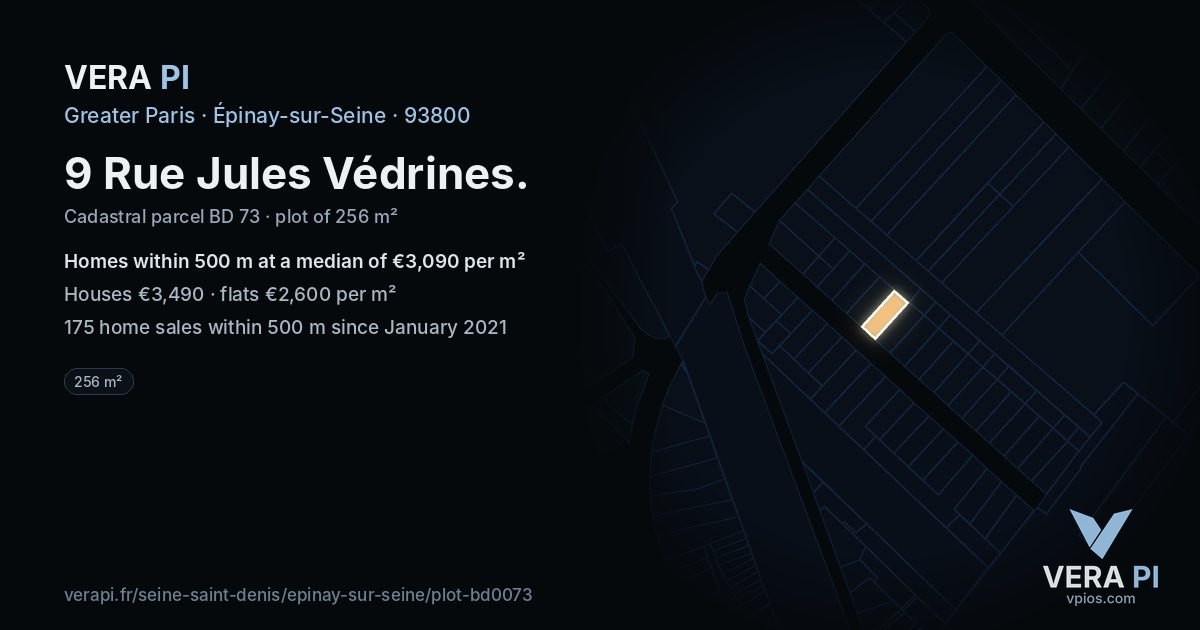 9 Rue Jules Védrines, Épinay-sur-Seine at night – the plot lit, the parcels around coloured by the prices near them