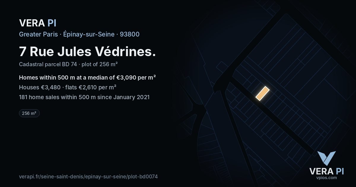 7 Rue Jules Védrines, Épinay-sur-Seine at night – the plot lit, the parcels around coloured by the prices near them