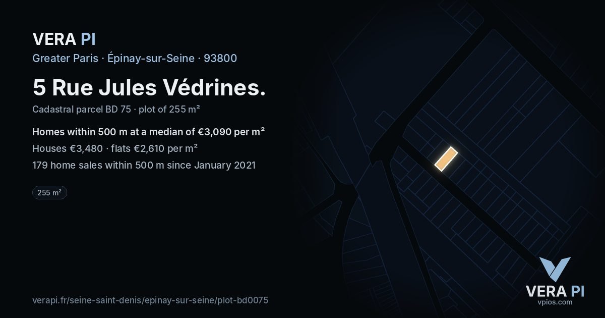 5 Rue Jules Védrines, Épinay-sur-Seine at night – the plot lit, the parcels around coloured by the prices near them