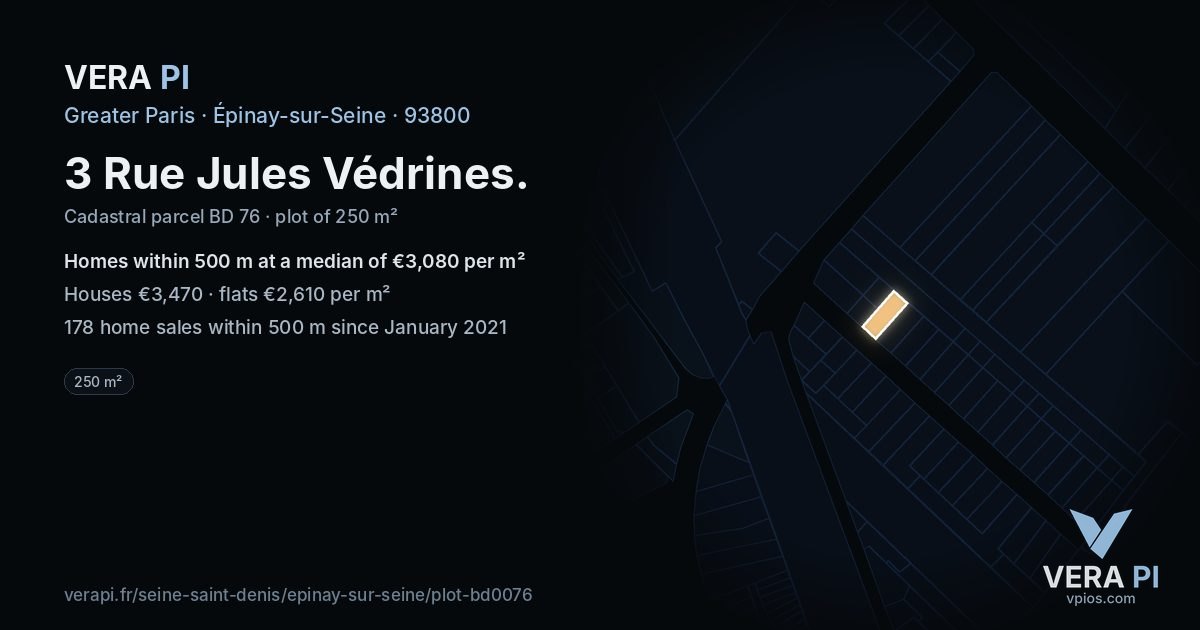 3 Rue Jules Védrines, Épinay-sur-Seine at night – the plot lit, the parcels around coloured by the prices near them