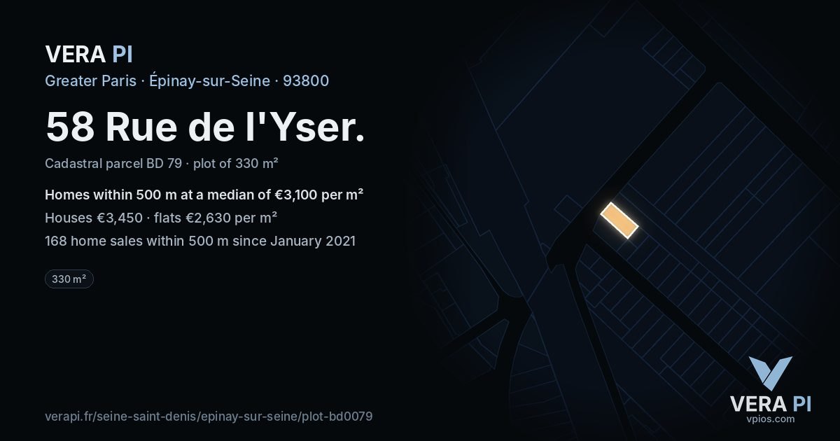 58 Rue de l'Yser, Épinay-sur-Seine at night – the plot lit, the parcels around coloured by the prices near them