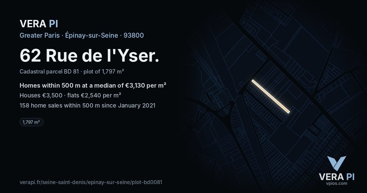 62 Rue de l'Yser, Épinay-sur-Seine at night – the plot lit, the parcels around coloured by the prices near them
