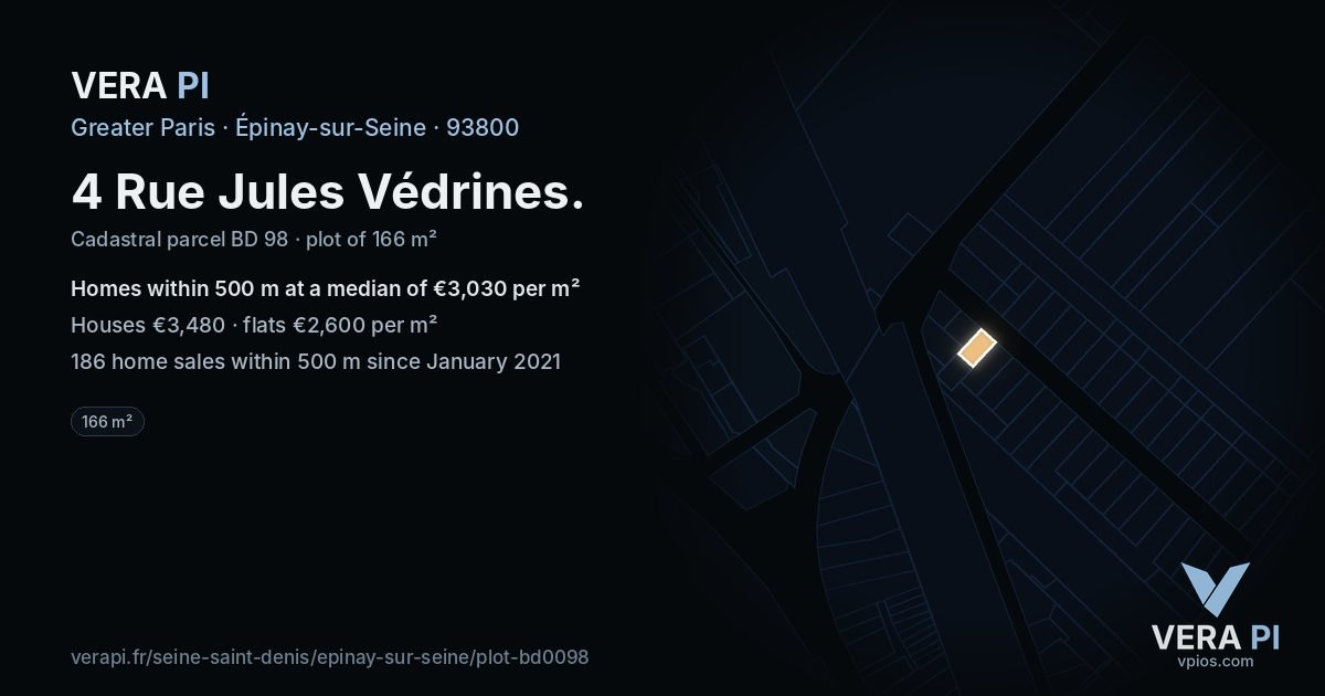 4 Rue Jules Védrines, Épinay-sur-Seine at night – the plot lit, the parcels around coloured by the prices near them