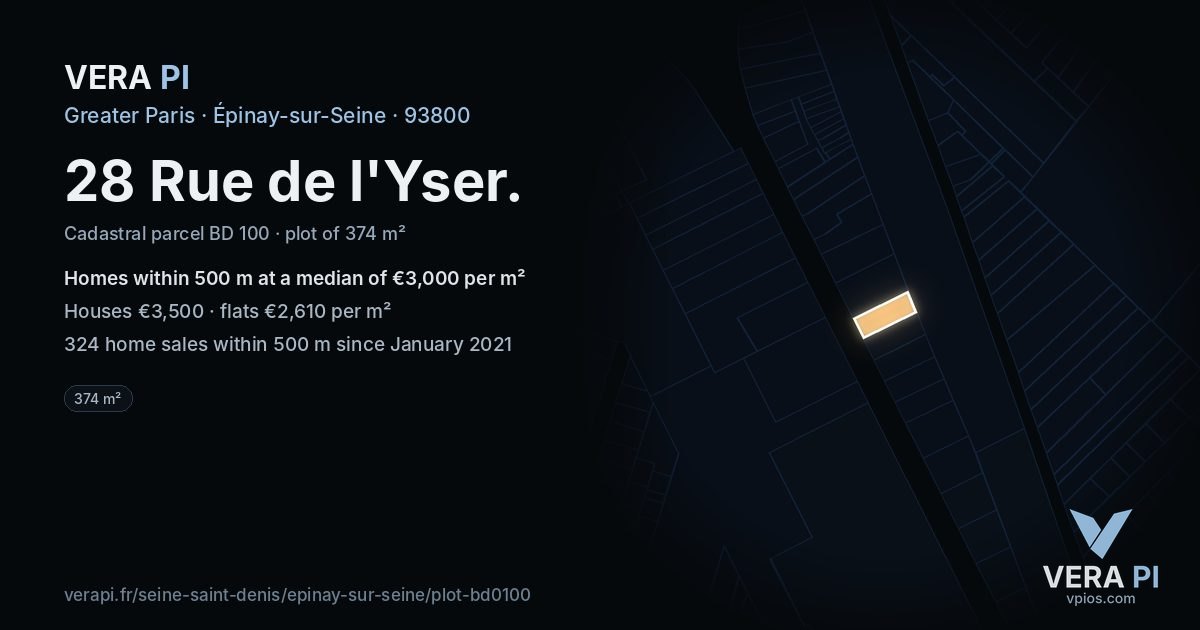 28 Rue de l'Yser, Épinay-sur-Seine at night – the plot lit, the parcels around coloured by the prices near them