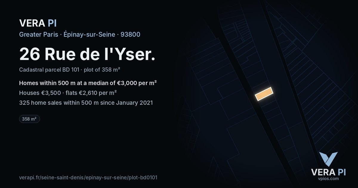 26 Rue de l'Yser, Épinay-sur-Seine at night – the plot lit, the parcels around coloured by the prices near them