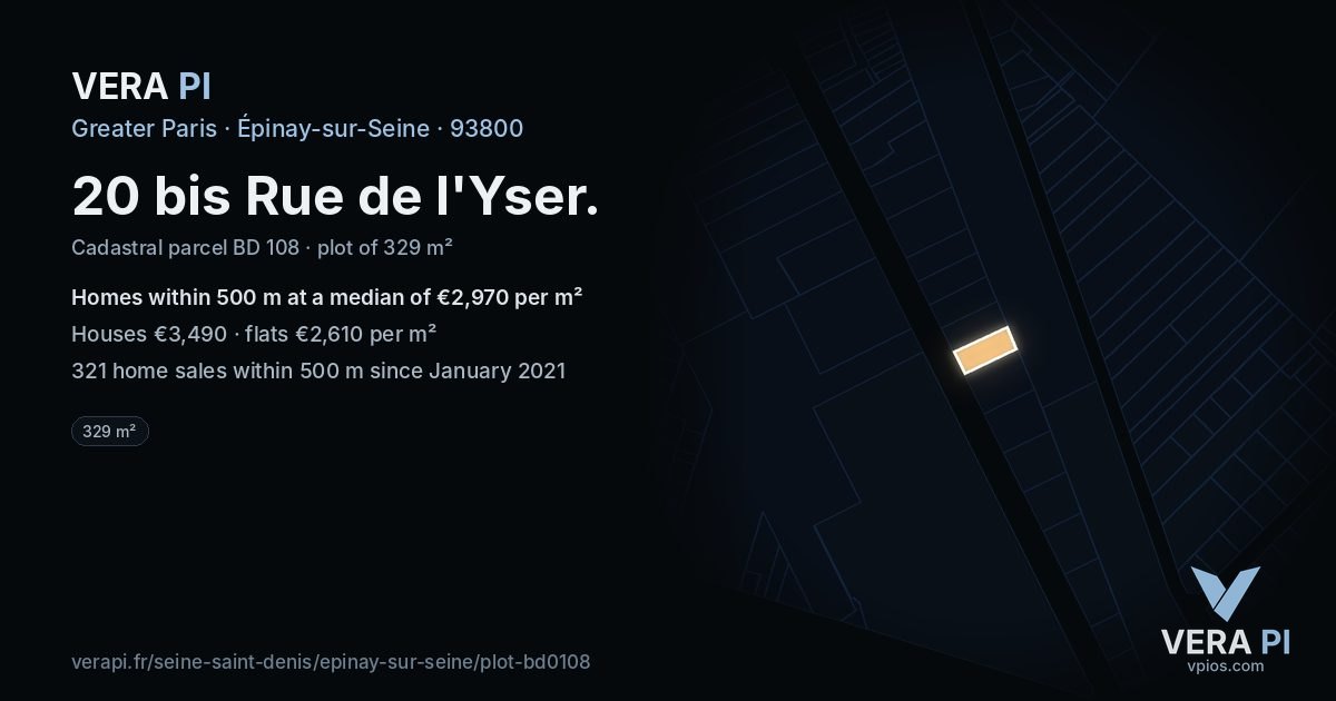 20 bis Rue de l'Yser, Épinay-sur-Seine at night – the plot lit, the parcels around coloured by the prices near them