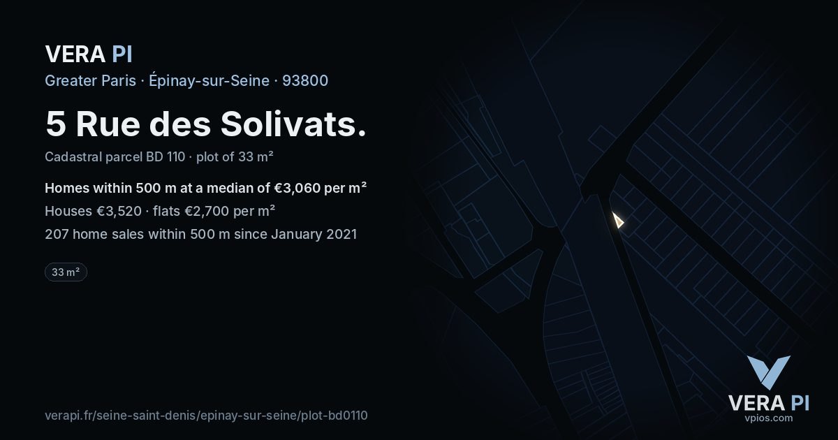 5 Rue des Solivats, Épinay-sur-Seine at night – the plot lit, the parcels around coloured by the prices near them