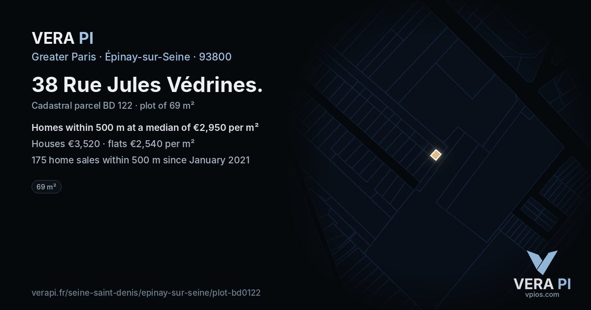 38 Rue Jules Védrines, Épinay-sur-Seine at night – the plot lit, the parcels around coloured by the prices near them