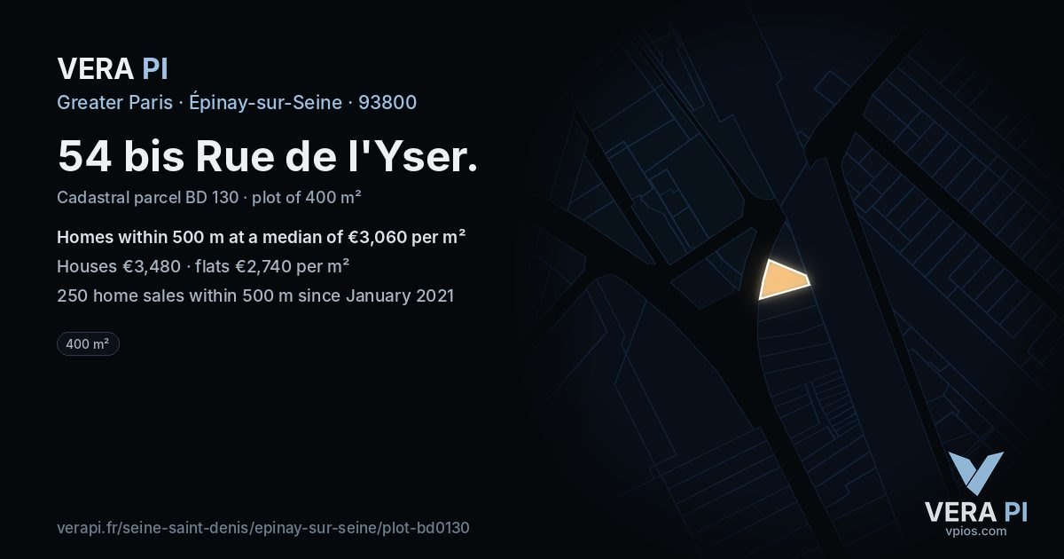 54 bis Rue de l'Yser, Épinay-sur-Seine at night – the plot lit, the parcels around coloured by the prices near them