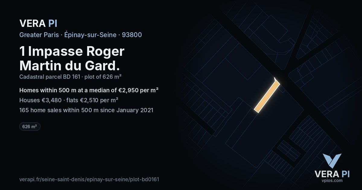 1 Impasse Roger Martin du Gard, Épinay-sur-Seine at night – the plot lit, the parcels around coloured by the prices near them