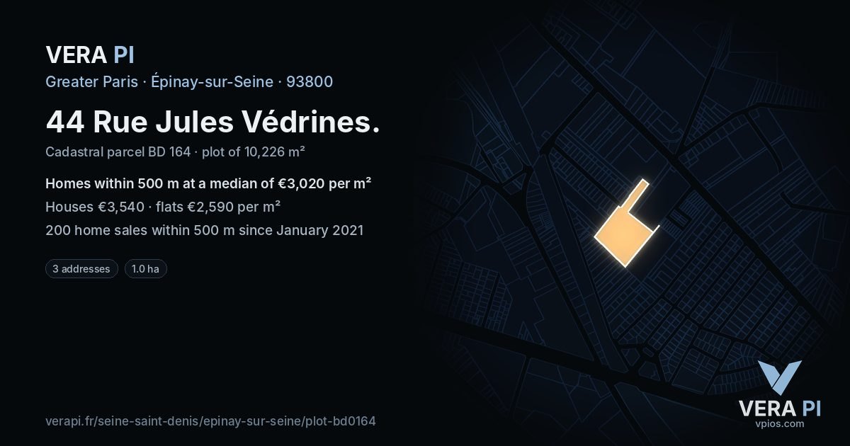 44 Rue Jules Védrines, Épinay-sur-Seine at night – the plot lit, the parcels around coloured by the prices near them