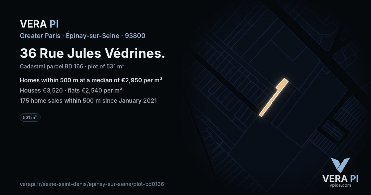36 Rue Jules Védrines, Épinay-sur-Seine at night – the plot lit, the parcels around coloured by the prices near them