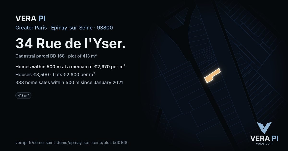 34 Rue de l'Yser, Épinay-sur-Seine at night – the plot lit, the parcels around coloured by the prices near them