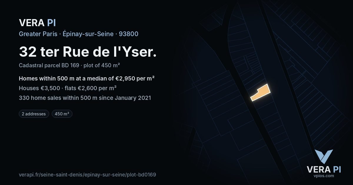 32 ter Rue de l'Yser, Épinay-sur-Seine at night – the plot lit, the parcels around coloured by the prices near them