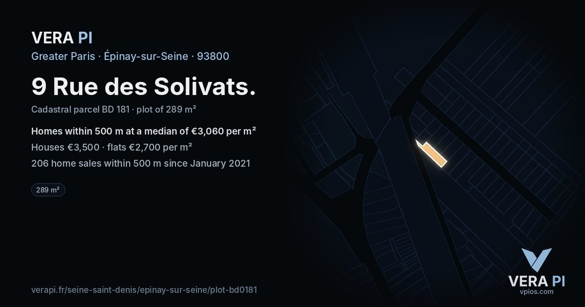 9 Rue des Solivats, Épinay-sur-Seine at night – the plot lit, the parcels around coloured by the prices near them