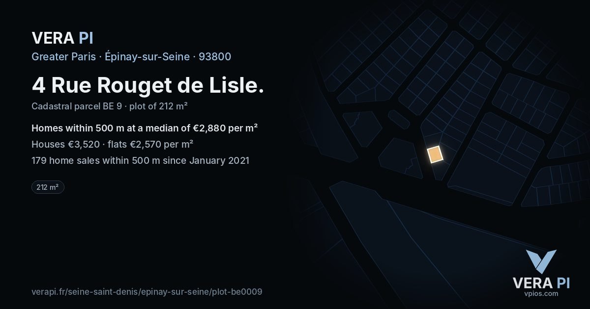 4 Rue Rouget de Lisle, Épinay-sur-Seine at night – the plot lit, the parcels around coloured by the prices near them
