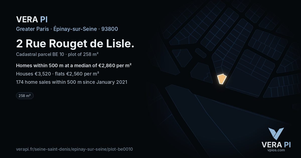 2 Rue Rouget de Lisle, Épinay-sur-Seine at night – the plot lit, the parcels around coloured by the prices near them