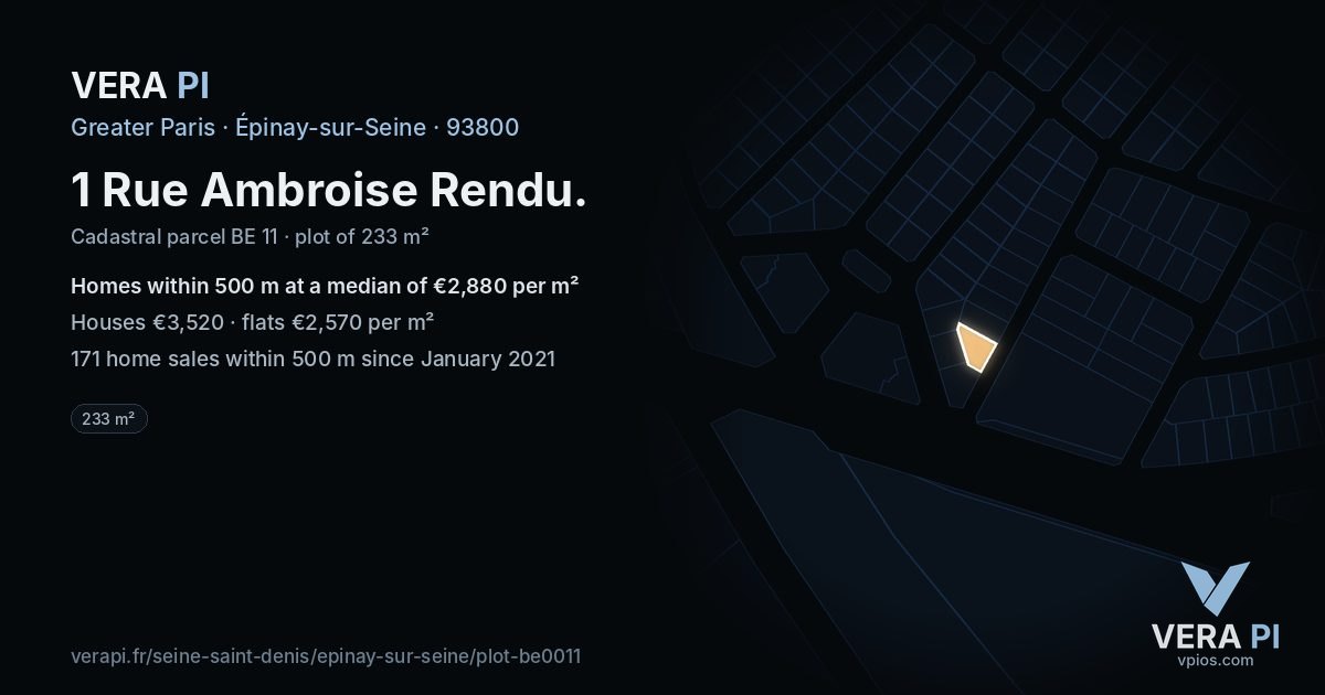 1 Rue Ambroise Rendu, Épinay-sur-Seine at night – the plot lit, the parcels around coloured by the prices near them