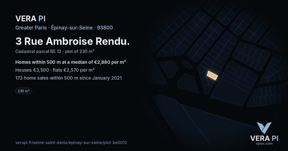 3 Rue Ambroise Rendu, Épinay-sur-Seine at night – the plot lit, the parcels around coloured by the prices near them