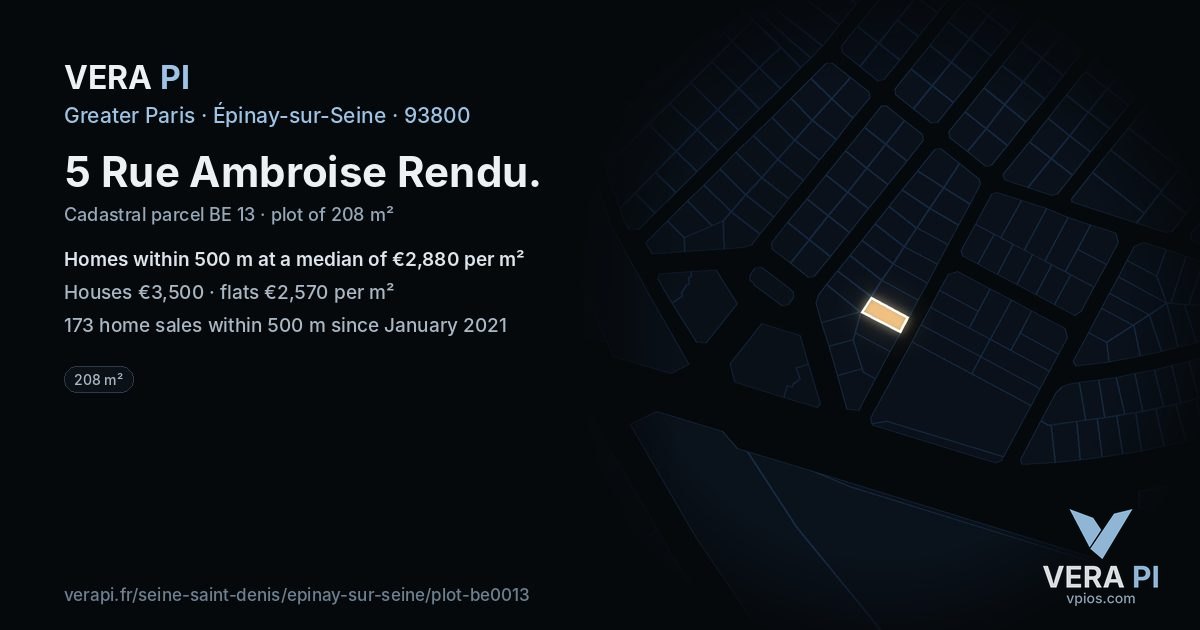 5 Rue Ambroise Rendu, Épinay-sur-Seine at night – the plot lit, the parcels around coloured by the prices near them