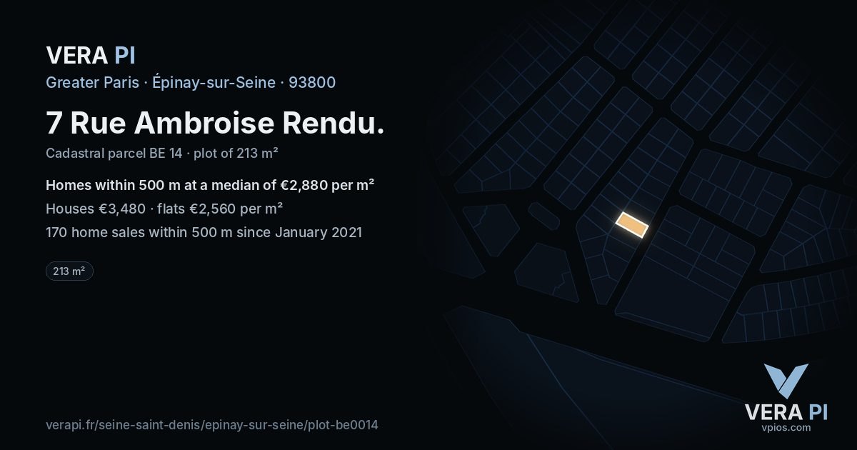 7 Rue Ambroise Rendu, Épinay-sur-Seine at night – the plot lit, the parcels around coloured by the prices near them