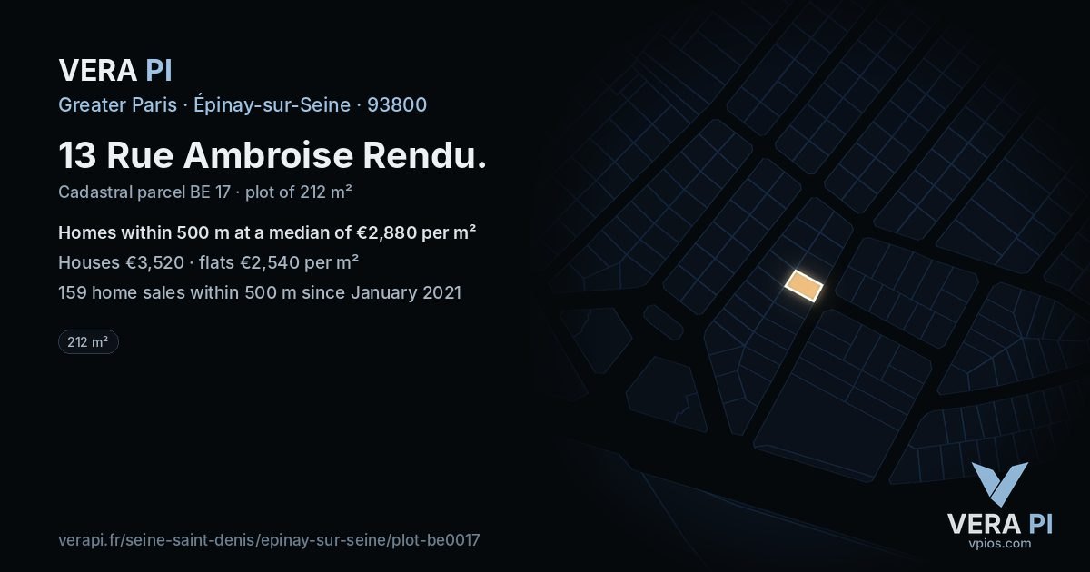 13 Rue Ambroise Rendu, Épinay-sur-Seine at night – the plot lit, the parcels around coloured by the prices near them
