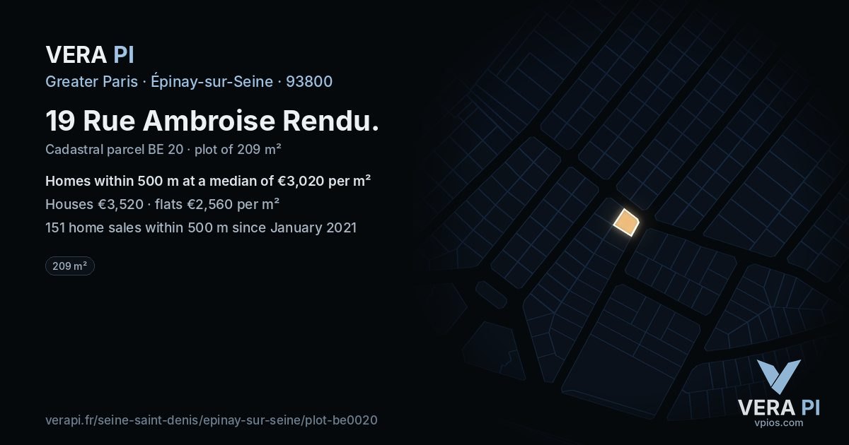 19 Rue Ambroise Rendu, Épinay-sur-Seine at night – the plot lit, the parcels around coloured by the prices near them
