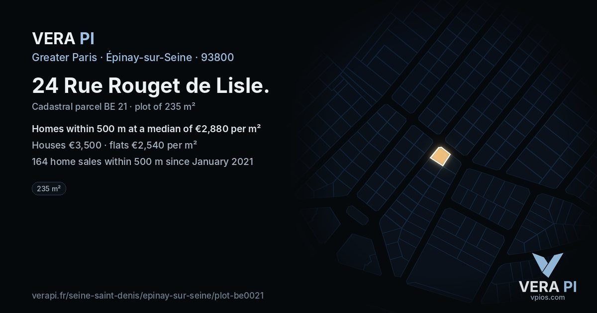 24 Rue Rouget de Lisle, Épinay-sur-Seine at night – the plot lit, the parcels around coloured by the prices near them