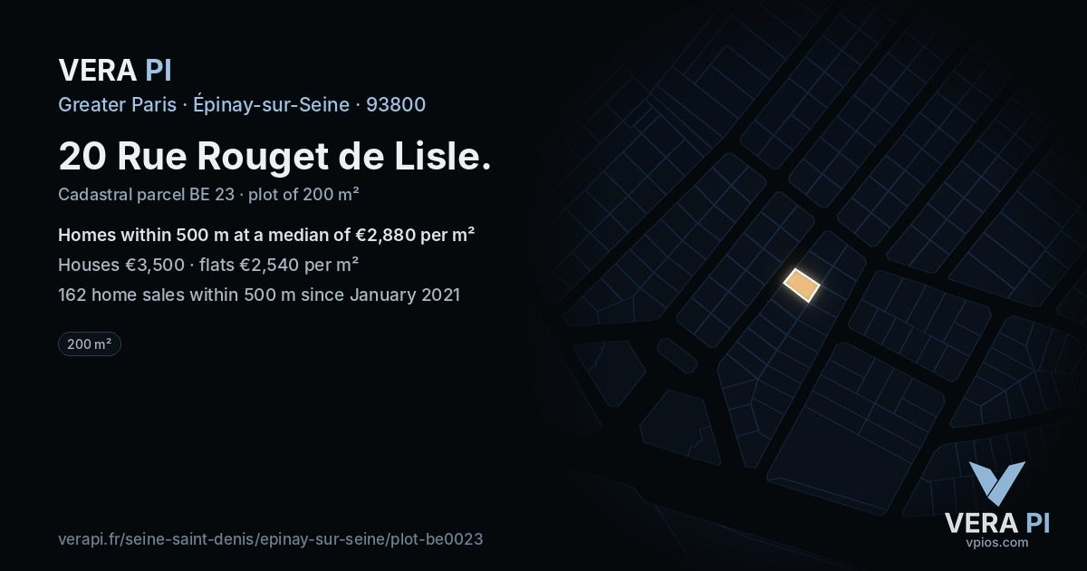 20 Rue Rouget de Lisle, Épinay-sur-Seine at night – the plot lit, the parcels around coloured by the prices near them
