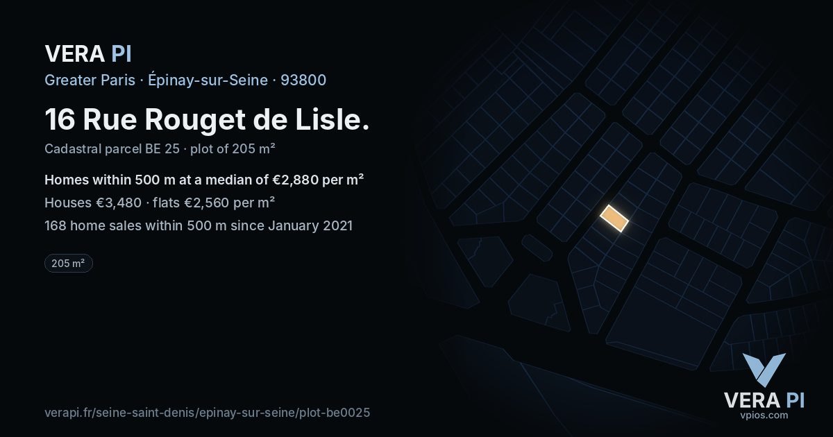 16 Rue Rouget de Lisle, Épinay-sur-Seine at night – the plot lit, the parcels around coloured by the prices near them