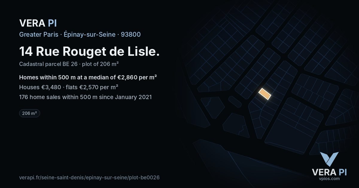 14 Rue Rouget de Lisle, Épinay-sur-Seine at night – the plot lit, the parcels around coloured by the prices near them