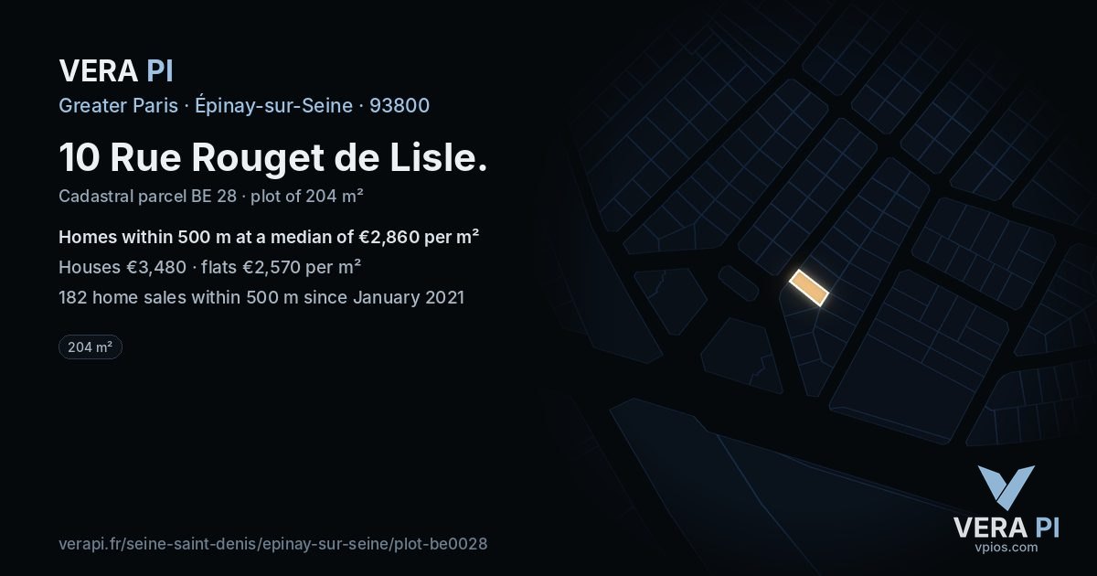 10 Rue Rouget de Lisle, Épinay-sur-Seine at night – the plot lit, the parcels around coloured by the prices near them