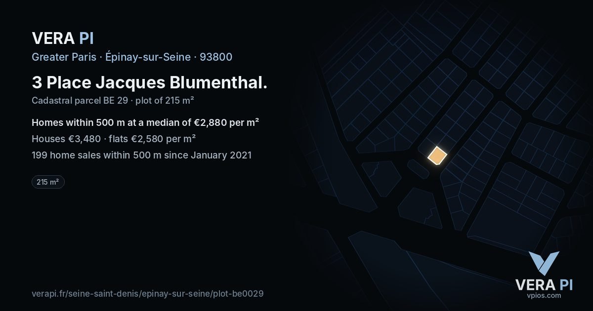 3 Place Jacques Blumenthal, Épinay-sur-Seine at night – the plot lit, the parcels around coloured by the prices near them