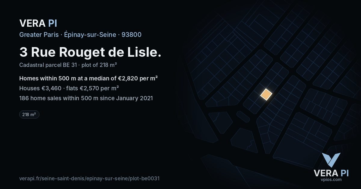 3 Rue Rouget de Lisle, Épinay-sur-Seine at night – the plot lit, the parcels around coloured by the prices near them