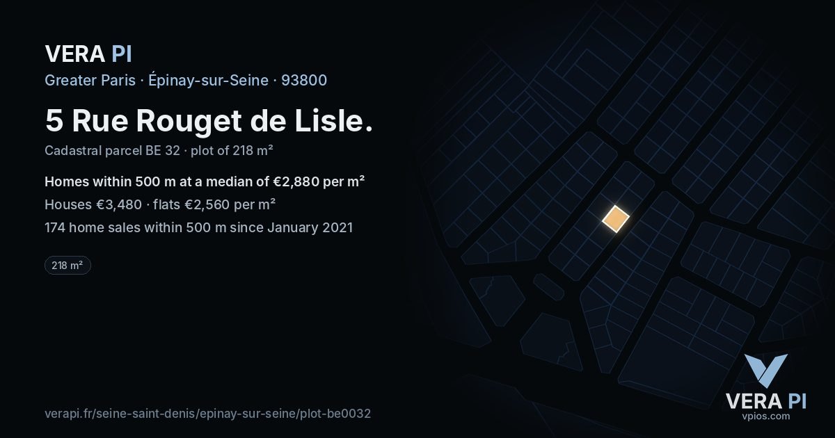 5 Rue Rouget de Lisle, Épinay-sur-Seine at night – the plot lit, the parcels around coloured by the prices near them