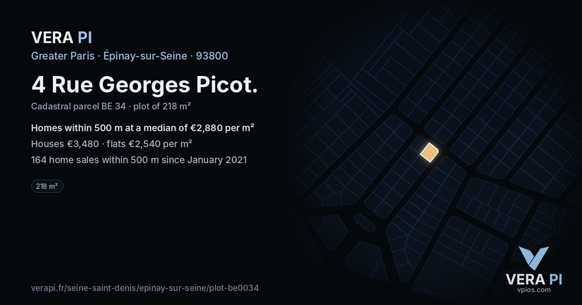 4 Rue Georges Picot, Épinay-sur-Seine at night – the plot lit, the parcels around coloured by the prices near them