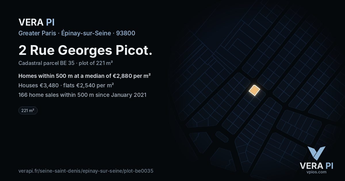 2 Rue Georges Picot, Épinay-sur-Seine at night – the plot lit, the parcels around coloured by the prices near them