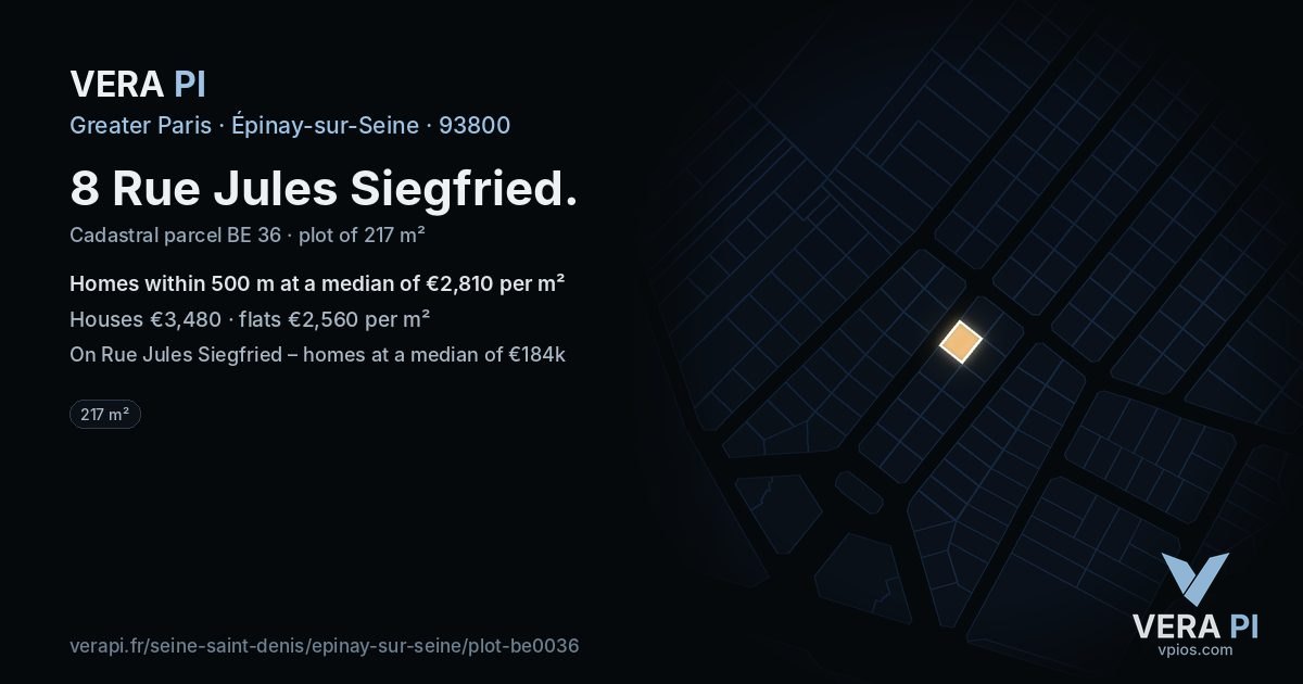 8 Rue Jules Siegfried, Épinay-sur-Seine at night – the plot lit, the parcels around coloured by the prices near them
