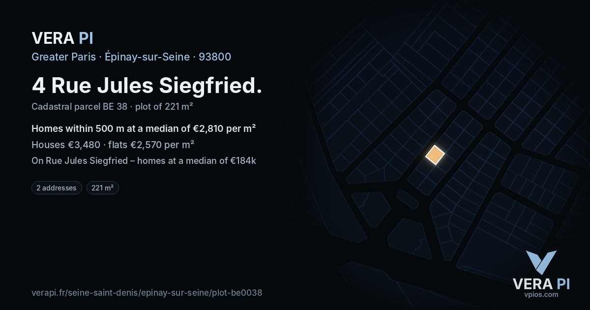 4 Rue Jules Siegfried, Épinay-sur-Seine at night – the plot lit, the parcels around coloured by the prices near them