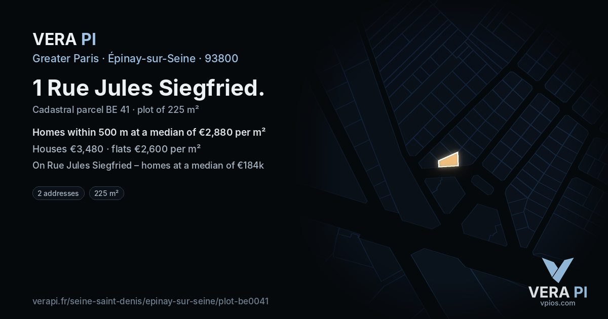 1 Rue Jules Siegfried, Épinay-sur-Seine at night – the plot lit, the parcels around coloured by the prices near them