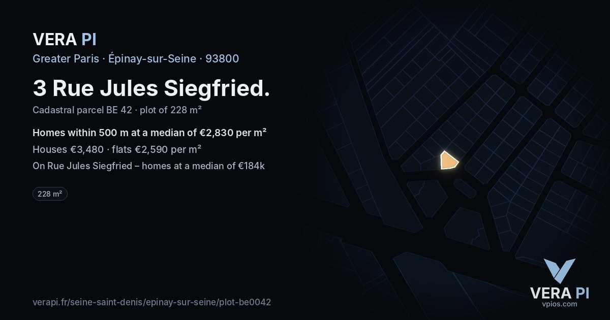 3 Rue Jules Siegfried, Épinay-sur-Seine at night – the plot lit, the parcels around coloured by the prices near them