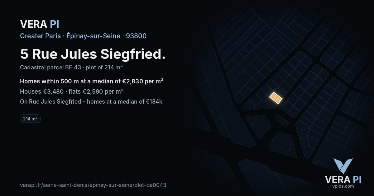5 Rue Jules Siegfried, Épinay-sur-Seine at night – the plot lit, the parcels around coloured by the prices near them