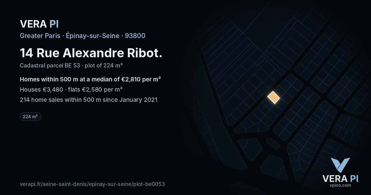 14 Rue Alexandre Ribot, Épinay-sur-Seine at night – the plot lit, the parcels around coloured by the prices near them